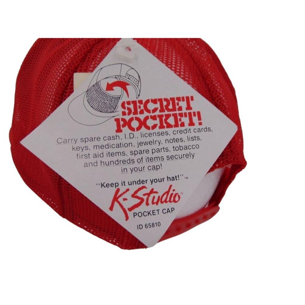 Vintage 80s K Studio Pocket Cap Trucker Hat Pilot Red Snapback Mesh Foam NOS New - Picture 7 of 13